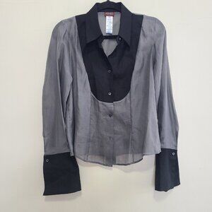 Kenzo Vintage Blouse Button Up Shirt Women's sz 44 Silk Linen Gray Black France